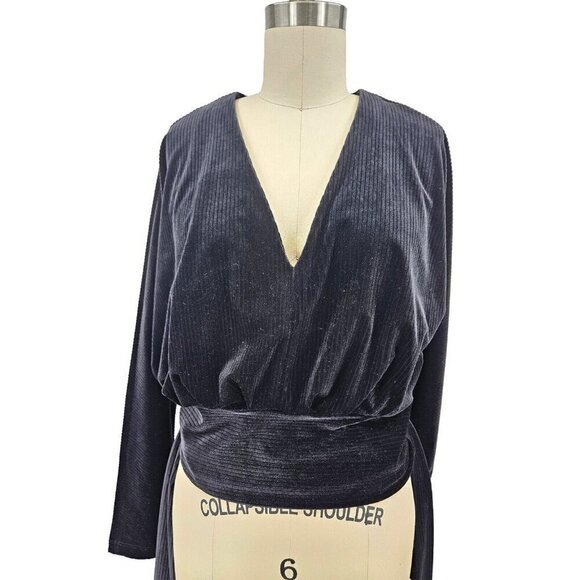 NWOT Good American Velvet Blouse Womens 0/Sm Black V Neck Front Tie Long Sleeves - Picture 6 of 9